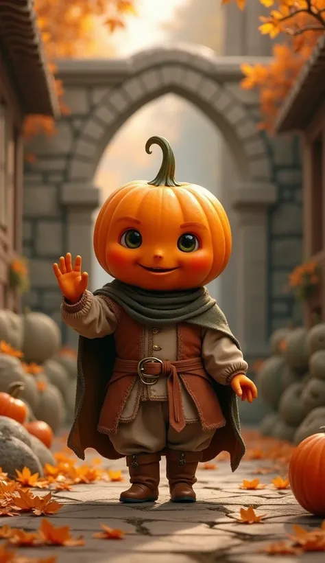 
Please create an image of a being with the stature of a cuddly innocent  waving but in pumpkin color, the big, cute eyes and the small, cuddly mouth too,  I want him to be dressed in medieval clothes but the head of a pumpkin the setting with shades of or...