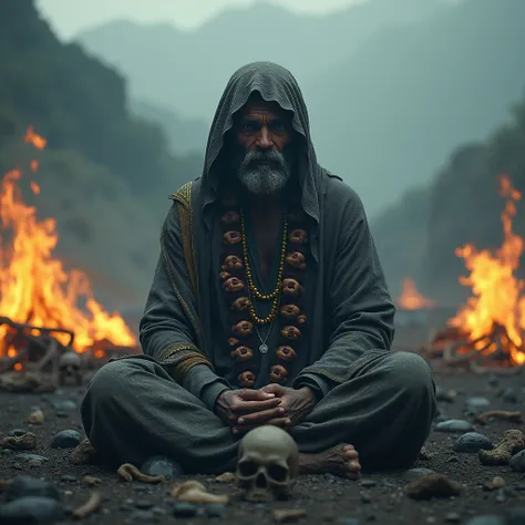 Realistic, clear face, 4K Ultra HD, Indian mythology,  An Aghori is worshiping Makali in the cremation ground or Mohan is sitting on the right side of the Aghori.