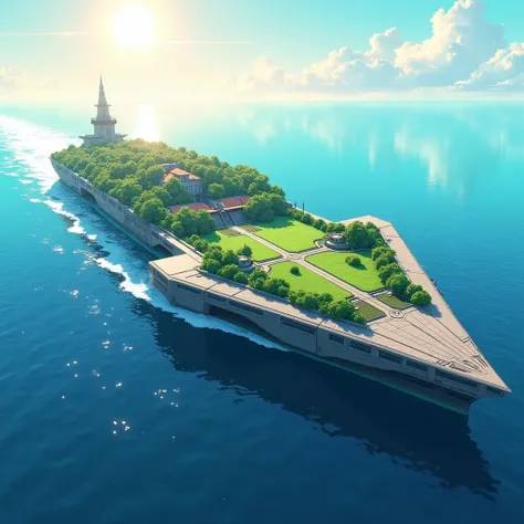 The open sea, giant catamaran, Forest on deck, field on deck, village on deck, Off the coast, anime, UHD, best quality, super detail