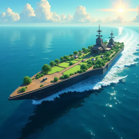 The open sea, giant catamaran, Forest on deck, field on deck, village on deck, Off the coast, anime, UHD, best quality, super detail