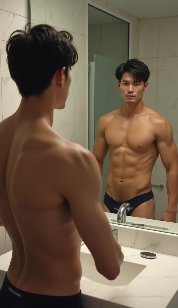 (photorealism:1.2), handsome thai guy show dick in mirror , underwear