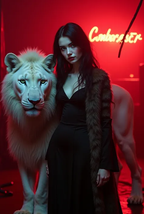 Woman with black hair electric blue eyes unique pale white skin dressed sexy in long dress and plush coat holding the strap of an adult white lion with blood on her bone And hair on a red light background in a nightclub 