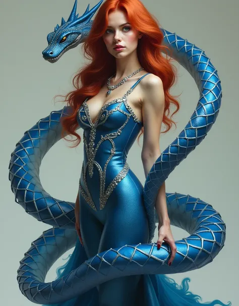 a beautiful redheaded femme serpent, wearing blue clothing with silver and blue diamond details, full body shot