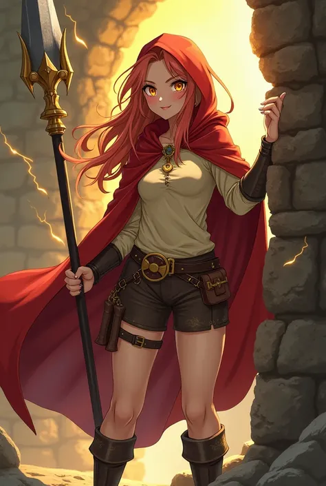 A dwarf girl with golden eyes, long, light red hair, shaped like a woman from 14 to , not small breasts, not very large, with some hips, a sorceress, wearing an adventurers suit, cream-colored shirt, covered with a red hood, leather shorts, boots, right ha...