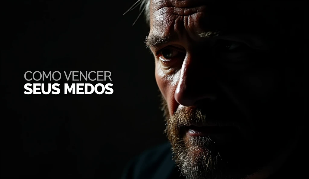 A cinematic close-up of a rugged male face, featuring sharp details and a beard, with one half brightly lit and the other cast in deep shadow. A black background contrasts with bold white typography on the left side: "COMO VENCER SEUS MEDOS" in a modern, s...