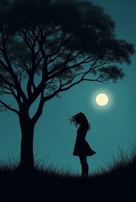 Create an album cover that reflects the mood of the song, showing a dark night scene with a wind blowing and the shadow of a young woman standing under a tree, with the faint moonlight in the background.