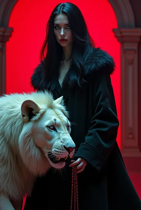 Woman with black hair electric blue eyes pale white skin dressed in a plush coat holding the strap of an adult white lion with blood on her bone And her hair on a red light background in a nightclub 