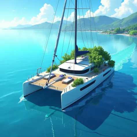 The open sea, Catamaran, ２Connect decks between ships, Forest on deck, field on deck, village on deck, Off the coast , Maritime Village, anime, UHD, best quality, super detail