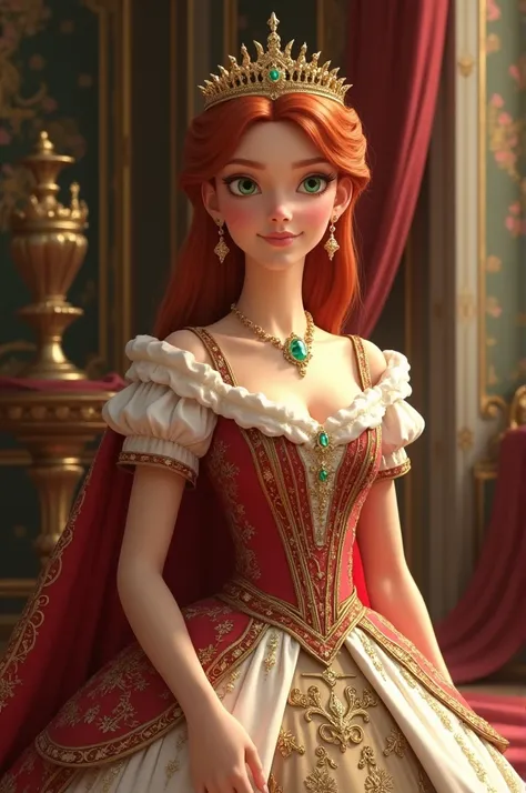 Princess wearing official elegant  dress she has reddish hair and green eyes 