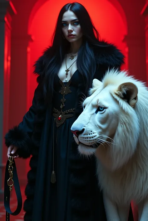 Woman with black hair electric blue eyes pale white skin dressed in a plush coat holding the strap of an adult white lion with blood on her bone And her hair on a red light background in a nightclub 