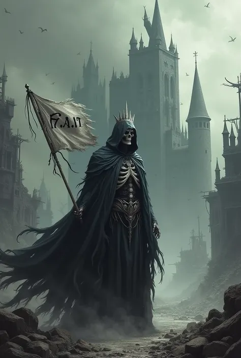  A Reaper king staring intently at a castle, against a background of destruction , behind him a flag with the phrase  "f.a.l.t"