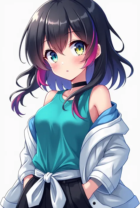 Black-haired anime girl with pink and white highlights, black and blue pants,  turquoise shirt with a white jacket tied around the waist,  left eye blue right eye yellow ,  black shoes with white 