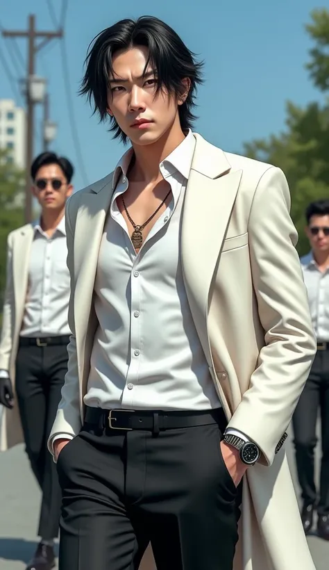 portrait real man of a handsome korean,necklace,watch. male gangster, white skin. with medium lomb black hair, black gloves. Korean hairstyle. Wearing a white coat, white shirt, black trousers, he walks in a very dashing walking pose with camera authority ...