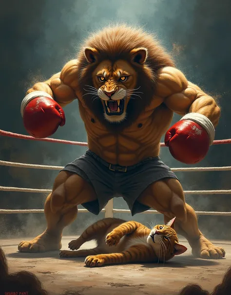 


2. Prompt 2: The First Round Begins
The bell rings. The lion charges forward, throwing powerful punches. The cat skillfully dodges a few but is eventually overpowered. The lion delivers a strong uppercut, and the cat is knocked down.
Narration: "The lio...