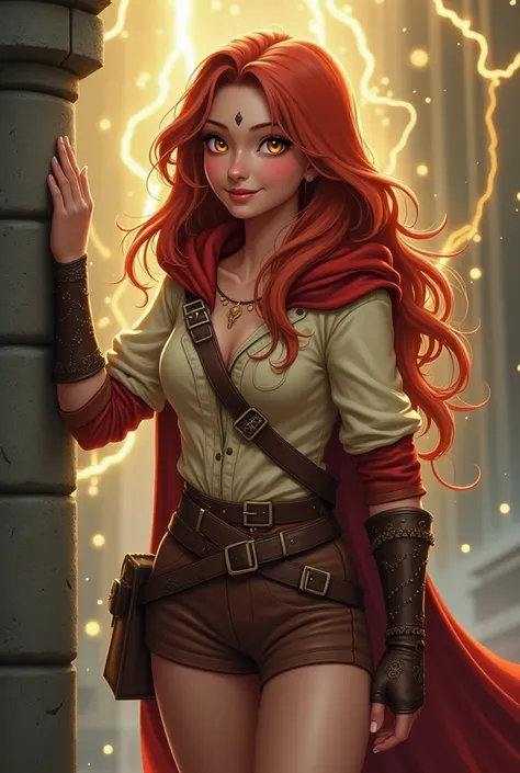 A dwarf girl with golden eyes, long, light red hair, shaped like a woman from 14 to , not small breasts, not very large, with some hips, a sorceress, wearing an adventurers suit, cream-colored shirt, covered with a red hood, leather shorts, boots, right ha...