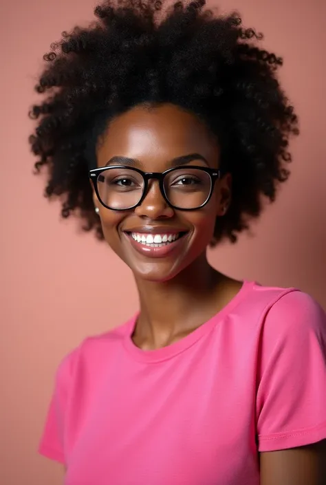 Très belle femme noire de teint clair avec 
une coiffure afro portant des lunettes habillée en t-shir rose souriant