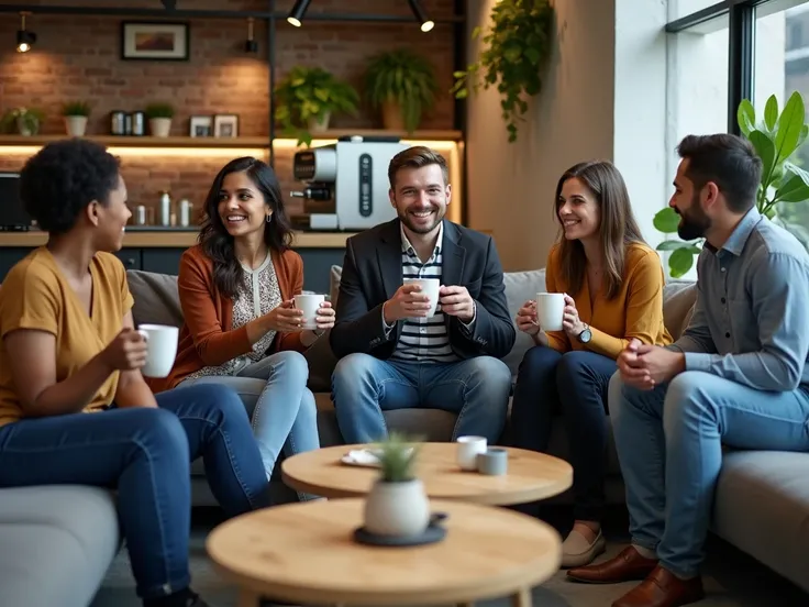 "A diverse group of employees enjoying a coffee break in a modern office lounge. The lounge features comfortable couches, stylish wooden coffee tables, and an espresso machine in the background. The group is casually chatting, laughing, and holding coffee ...