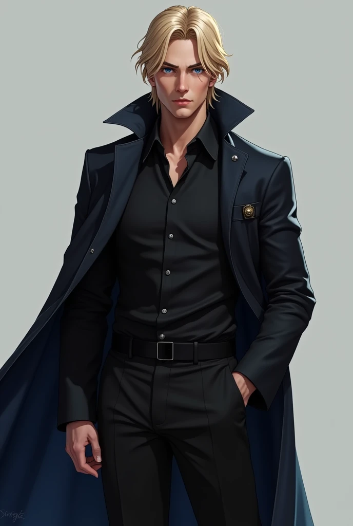 man,  blue eyes , blond,  medium length hair ,  standing full length ,  black classic pants ,  black shirt,  guard on the shoulders of the coat ,  faction leader , with , confident, 4K,  perfect anatomy ,  high quality,  detailed ,  Realistic anatomy 