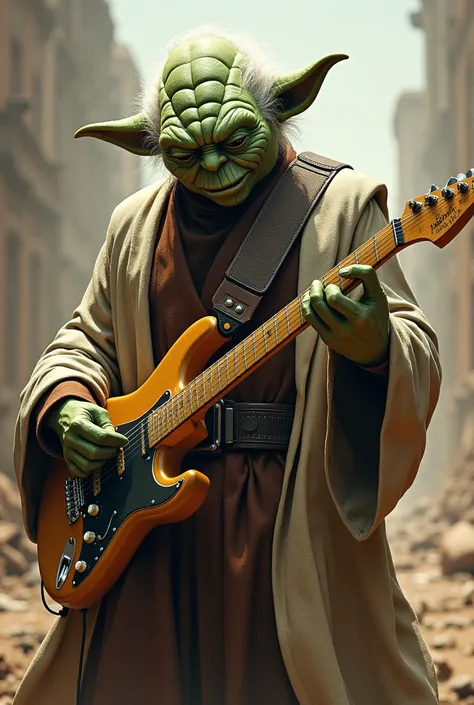 Muscular Yoda playing guitar, more muscle and more action 