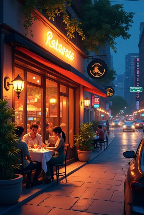  Create a restaurant scene at night, with cars on the street , Without a fax
