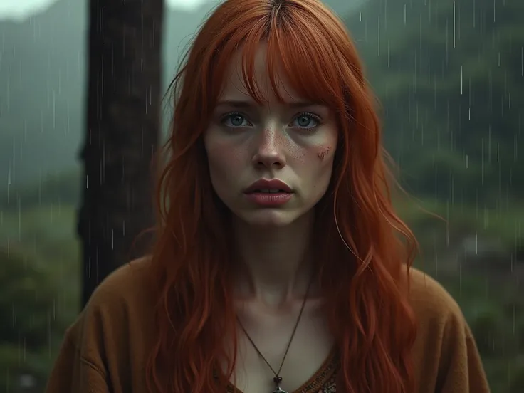 Mary Magdalene suffering. She has red hair , she crying.  shes touching the feet of the crucified Jesus. Shes beautiful lips , hair bangs,  Symmetrical anatomy ,  rainy landscape with a focused and ultra realistic background.