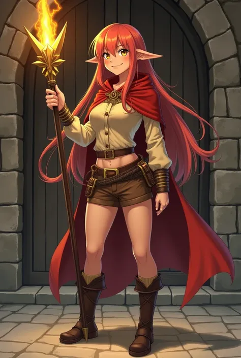 A dwarf girl with golden eyes, long, light red hair, shaped like a woman from 14 to , not small breasts, not very large, with some hips, a sorceress, wearing an adventurers suit, cream-colored shirt, covered with a red hood, leather shorts, boots, both han...