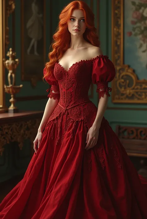 Beautiful red-haired woman wearing elegant Victorian dress