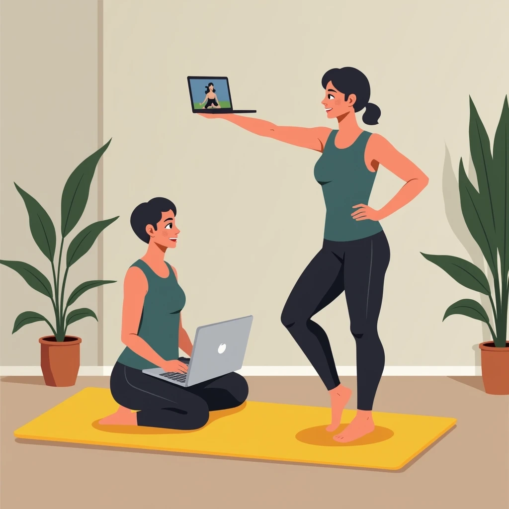  A person standing next to a yellow yoga mat in a corner of their house ,  watching an exercise video on their laptop or mobile phone with a relaxed and curious posture. The environment is simple, with a plant in the background and neutral tones ,  symboli...