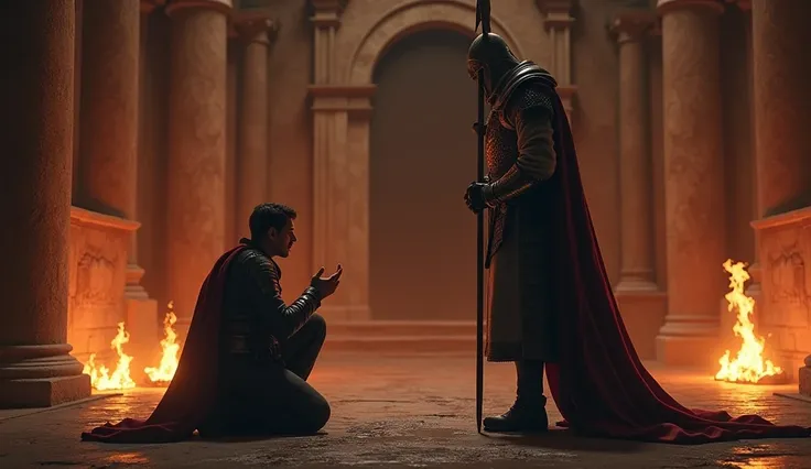 The thief kneels on the ground in front of the soldier, explaining his situation with folded hands. The soldier, holding a spear, listens sternly, wearing traditional royal armor. The background shows the torch-lit palace walls.