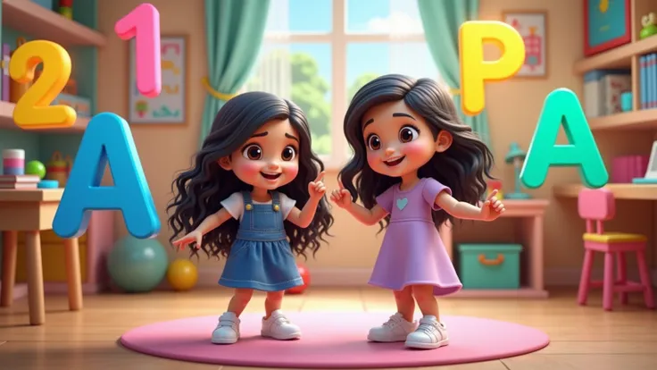 In a colorful classroom setting, with toys and educational elements in the background, Luísa and Beatriz are smiling at the camera. Luísa, , light skin, long black wavy hair, wearing a denim dress and white sneakers. Beatriz, , light skin, medium black sli...