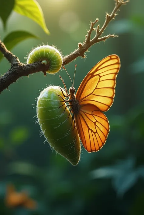 "Create a captivating sequence of the transformation of a butterfly, from its delicate caterpillar stage to the moment it emerges from its chrysalis. Capture the intricate details of the cocoon breaking open, revealing the vibrant, iridescent wings unfoldi...