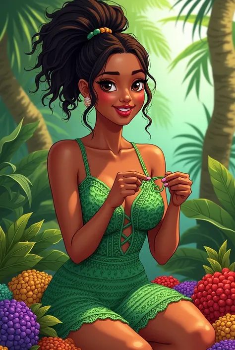 Mascot in drawing for Instagram A black Brazilian woman 50 years old with straight hair in a lush ponytail, wearing a green crochet dress and sitting crocheting showing her natural charm and outgoing personality.