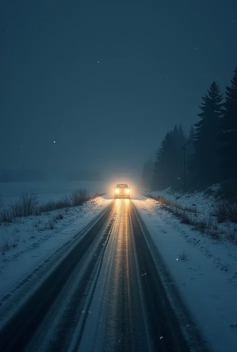 Frosty empty road illuminated by car headlights 