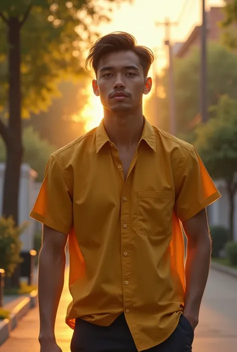 The picture of the street with the trees in the cool writing period shows a tall young man in an amber yellow shirt walking.light sunrise is a realistic portrait of the face