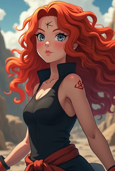  play a red-haired Naruto-style character, ela é do clã Uzumaki,  Make her with long hair , She looks like Kushina ,  the same one has curly hair and sardines on the face