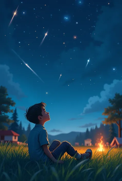  there is a boy in a camp who laying on the grass watching  clear sky and comets failing 