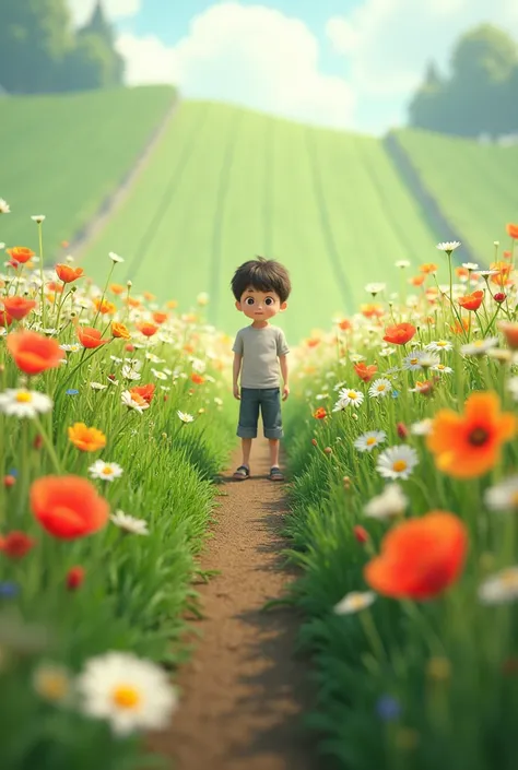 1 boy in the middle of a field of mowed flowers