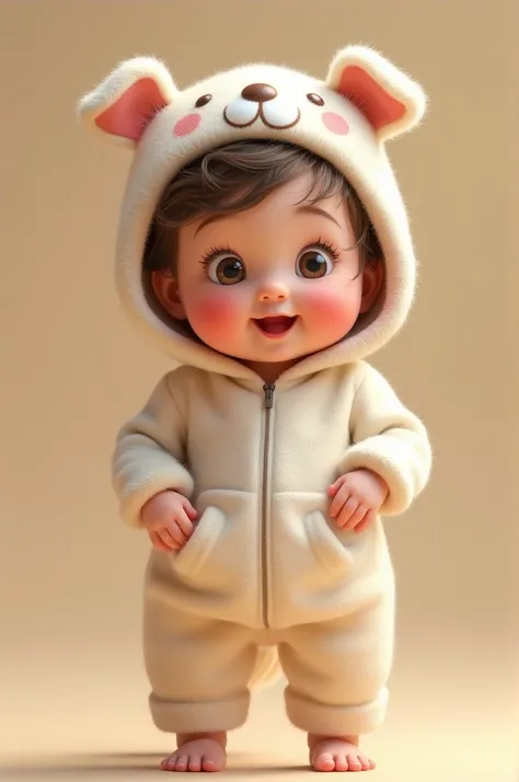 A cute baby wearing animal-themed pajamas, like a bear or a rabbit , is standing,  Looking directly into the camera .  The baby has an adorable smile and a curious expression,  with pink cheeks and soft hair .  The pajamas are colorful and detailed ,  with...