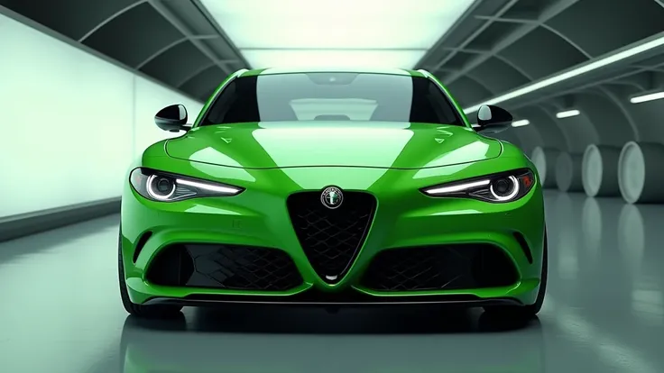 A stunning and sleek futuristic close thumbnail front image view of the Alfa Romeo Giulia green  color showcased