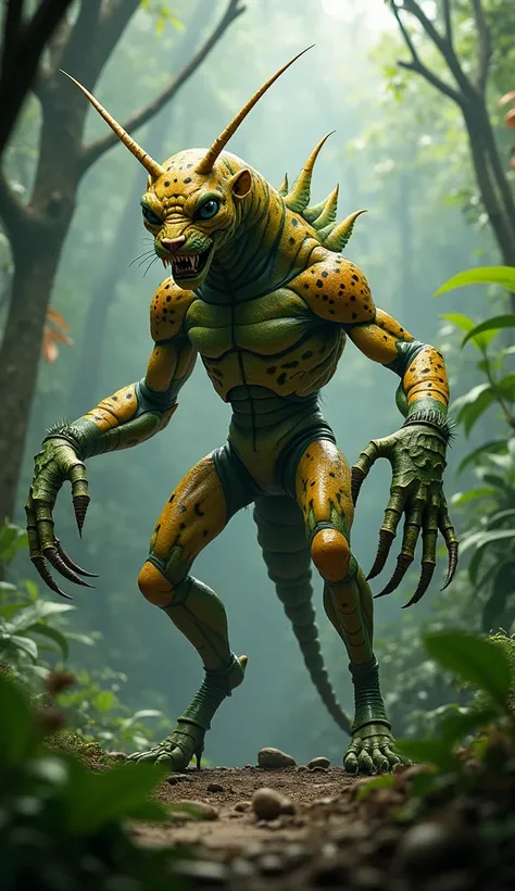 A hyper-realistic depiction of a terrifying hybrid creature, fusing the characteristics of a mantis and a jaguar, standing in a dense jungle. This fearsome beast has the powerful, muscular frame of a jaguar, with its spotted golden coat blending seamlessly...