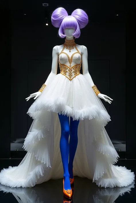  On the black glass floor and black background .  black mannequin . Make a glittering liquid white glitter dress. Mannequin with beautiful pose . fabulous. Blue stockings and orange sandals. Volumeous lilac max volume wig. Double frame wig with extra volum...