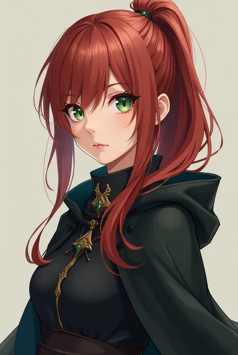 Anime woman with auburn back length hair half of it tied in a side ponytail and the rest let loose. Army green eyes that look innocent. She is dressed in a black cloak like a mage 