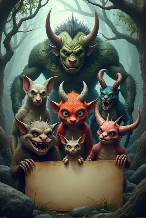 Create a poster 4k extremely detailed of monstre et companie, ultra réaliste et détaillé . Avec une pancarte vide
Thème monstre et compagnie ultra réaliste et détaillé.