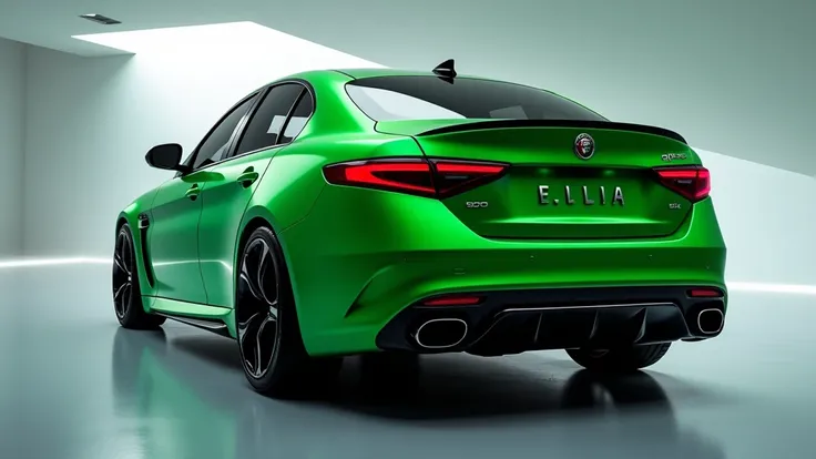 A stunning and sleek futuristic close thumbnail rear image view of the Alfa Romeo Giulia green  color showcased