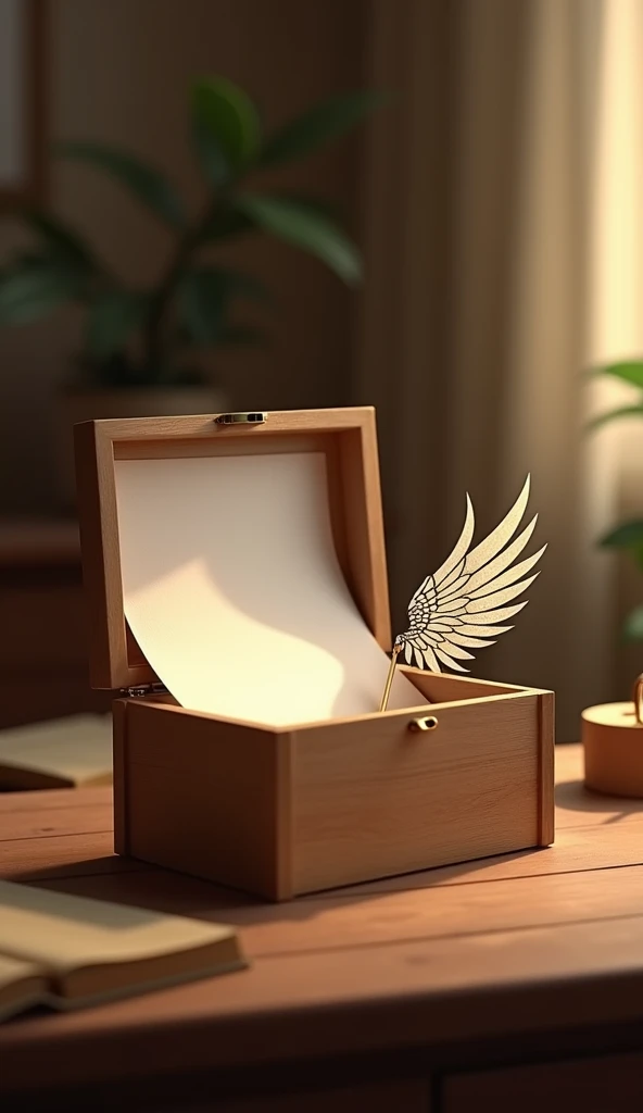 A small open, winged box was a small blank sheet on a table in a room..