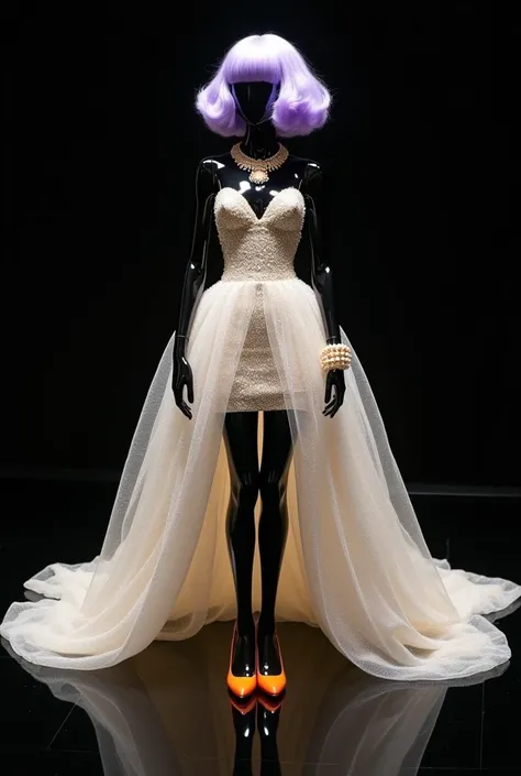  On the black glass floor and black background .  black mannequin . Make a glittering liquid white glitter dress. Mannequin with beautiful pose . fabulous. Blue stockings and orange sandals. Volumeous lilac max volume wig. Double frame wig with extra volum...