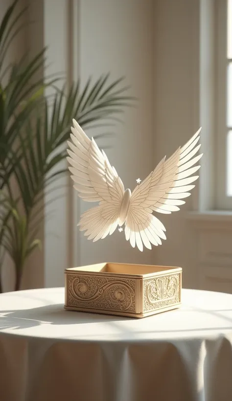 A small open, winged box was a small blank sheet on a table in a room..