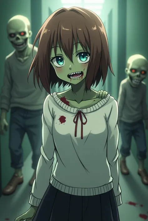  anime zombie girl with brown hair and blue eyes ,  wears a white sweater and a black skirt .  She is bitten in the shoulder by another zombie girl in the background. Now she is also a zombie .  She now looks completely like a zombie with slightly green sk...