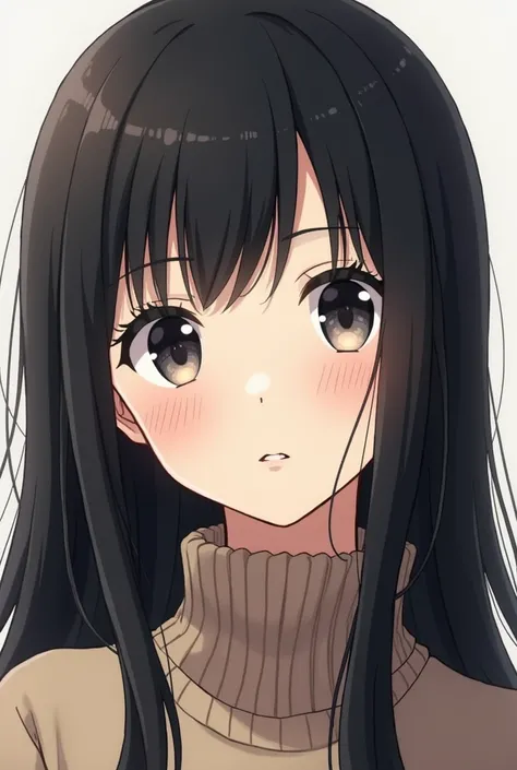 a close up of a woman with long hair wearing a turtle neck sweater, a picture by Torii Kiyomoto, tumblr, shin hanga, girl cute-fine-face, white hime cut hairstyle, neat hair with bangs, black hime cut hair, cute natural anime face, sui ishida with black ha...