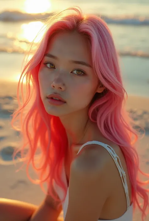 Thai woman ด้วยhaircolorชมพู sitting on the beach, haircolorชมพูพลิ้วไหว, ด้วยhaircolorชมพู,  Retro photo Alana Lee , long haircolorชมพูพลิ้วไหว, ชั่วโมงทองcolorชมพู, haircolorชมพูหยิก,  Beautiful Asian girl ,  beautiful asian woman , hairขิงป่า, haircolor...